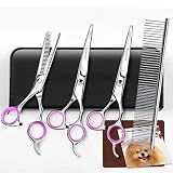 Gimars Titanium Coated 3CR Stainless Steel Dog Grooming Scissors Kit, Heavy Duty Pet Grooming Trimmer Kit - Thinning, Straight, Curved Shears with Comb for Long & Short Hair, Fur for Cat and More Pets